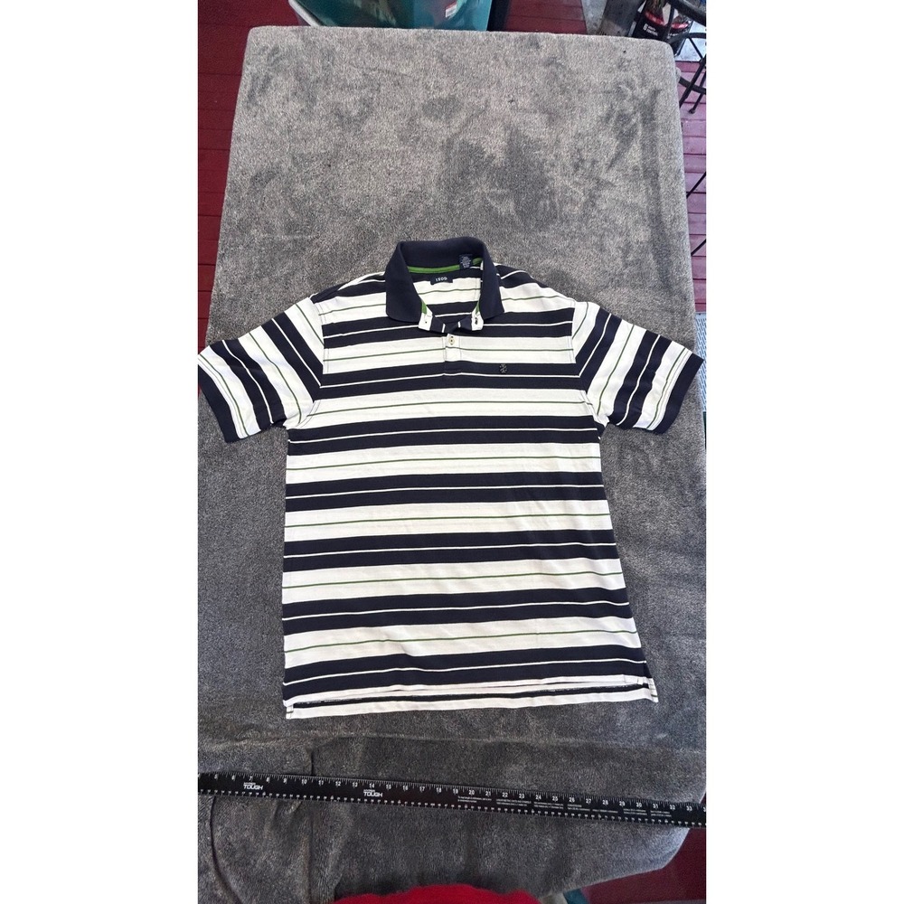 IZOD Mens Large Navy Blue White Striped Short Sleeve Cotton Pique Polo Shirt